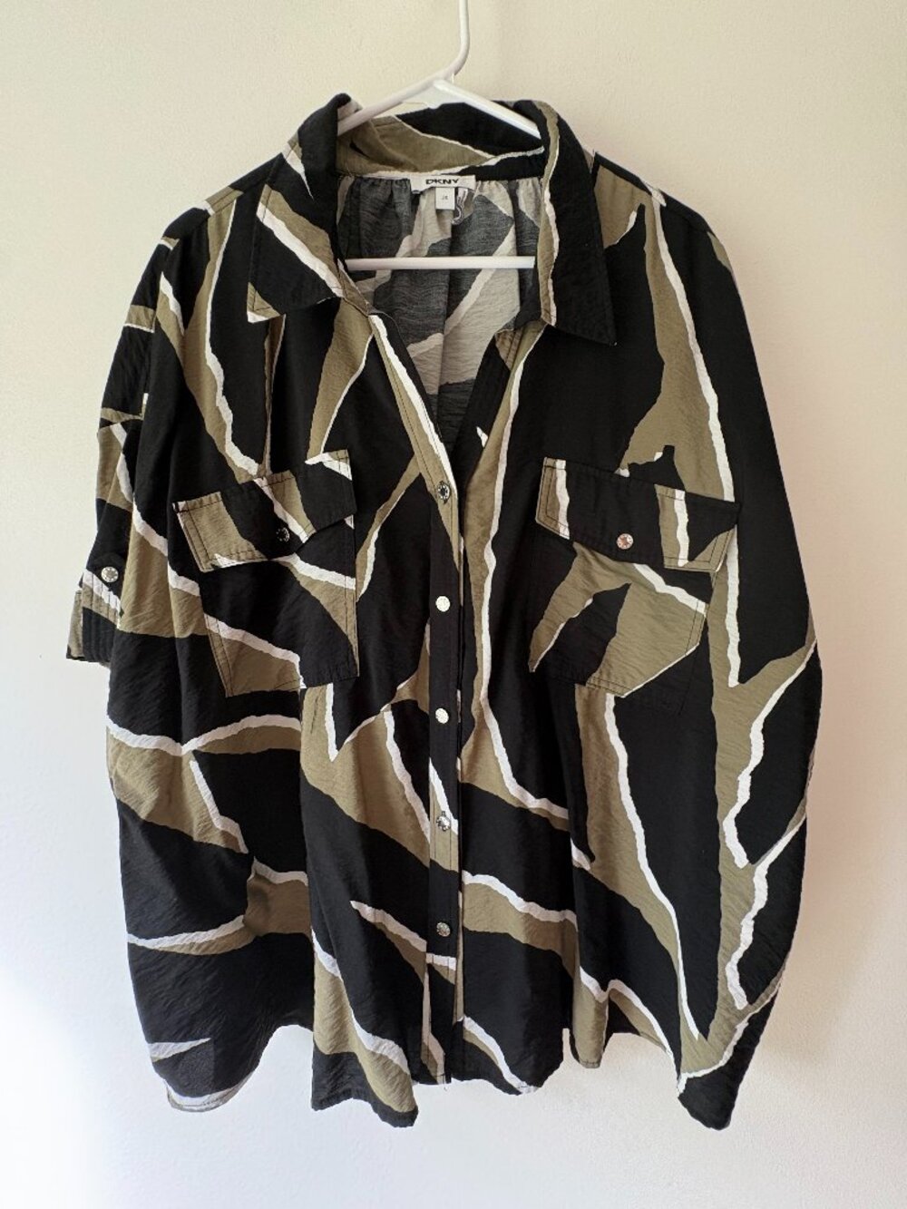 DKNY Abstract Zebra Print Button Down Blouse Olive Green Black 3X